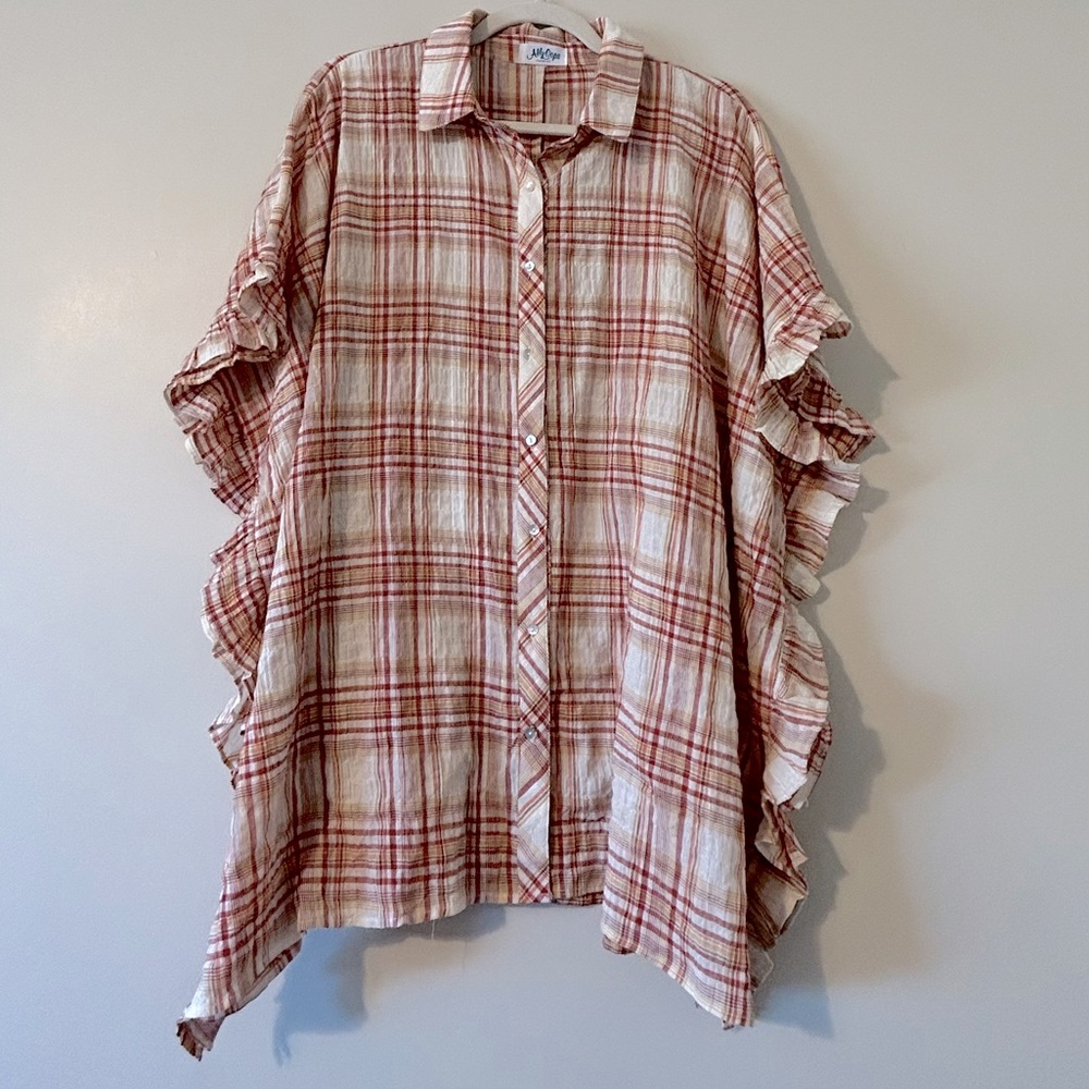 Boutique Plaid Boho Longline Tunic Button Up Blouse Gauzy Top Lagenlook Beach OS